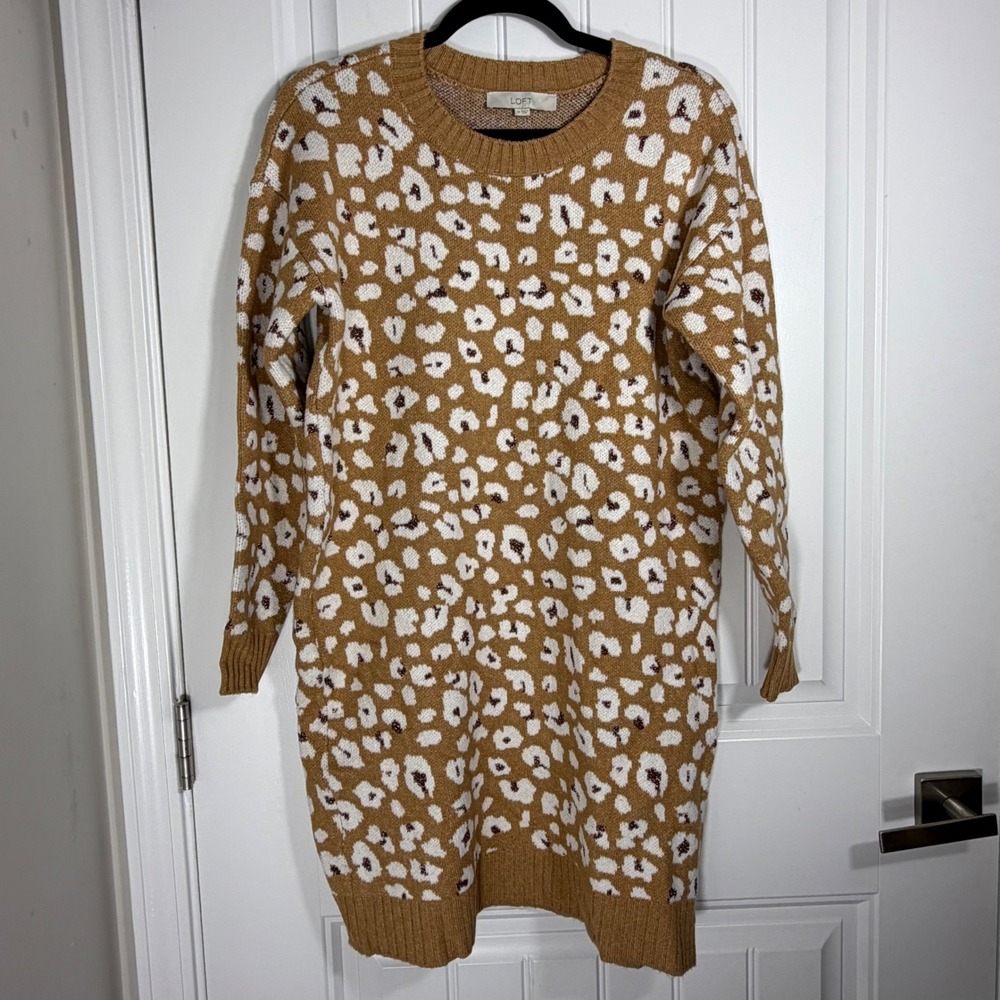 LOFT Womens Leopard Print Metallic Knit Sweater Dress Tan White Size M